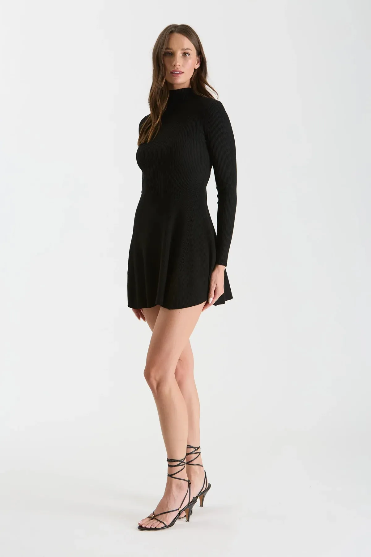 Mock Neck Long Sleeves Flare Mini Sweater Dress