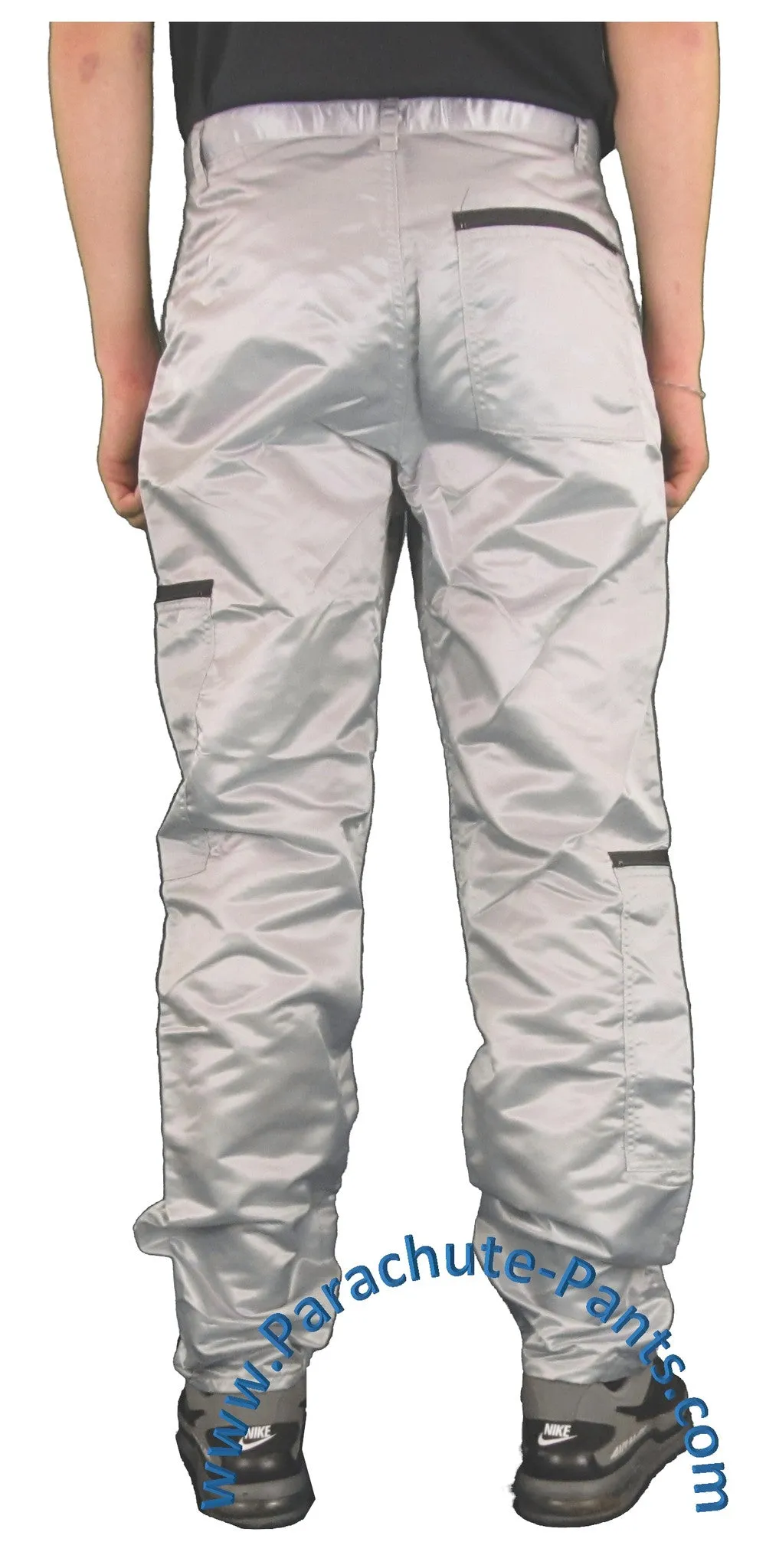 Panno D'Or Grey Nylon Parachute Pants with Black Zippers