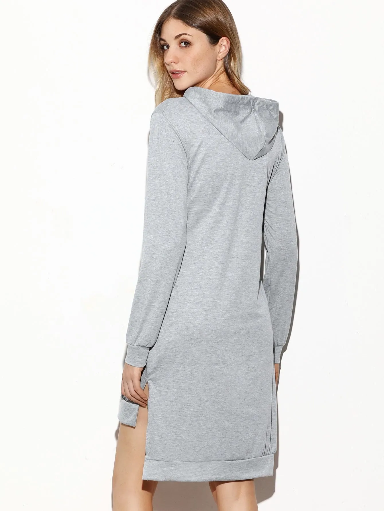 "GET RIGHT" Grey Hooded Side Split High Low Sweatshirt Dress