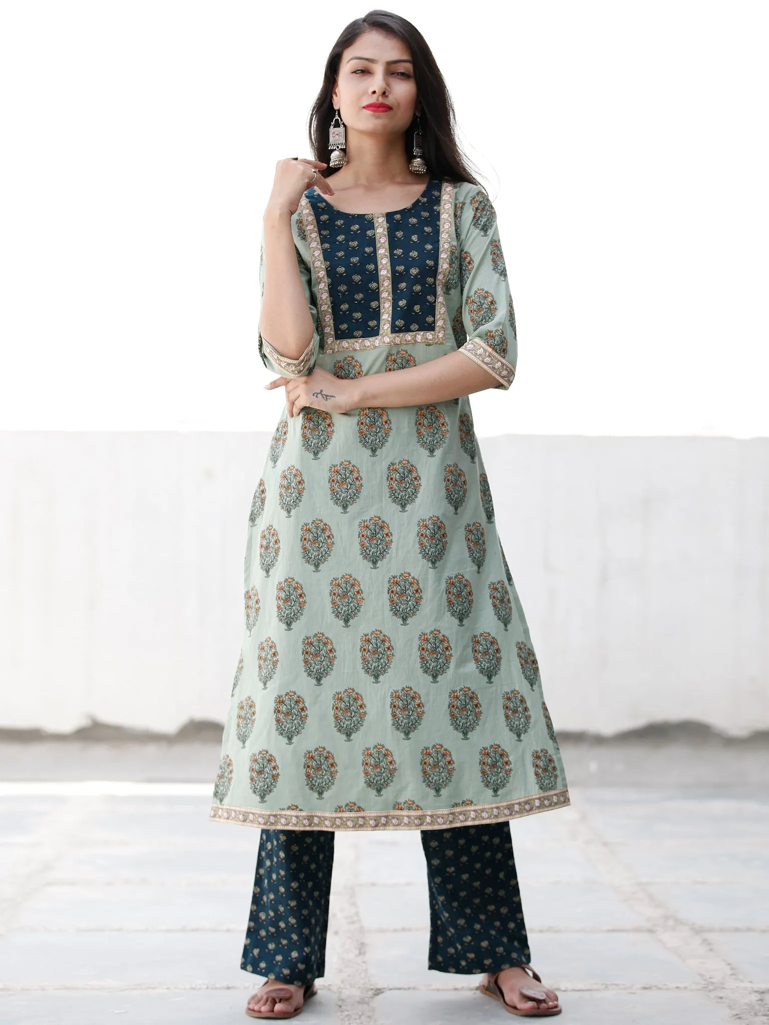 Sage & Teal Green Yellow Cotton Block Printed Kurta & Pants - Set of 2 - SS02F1864
