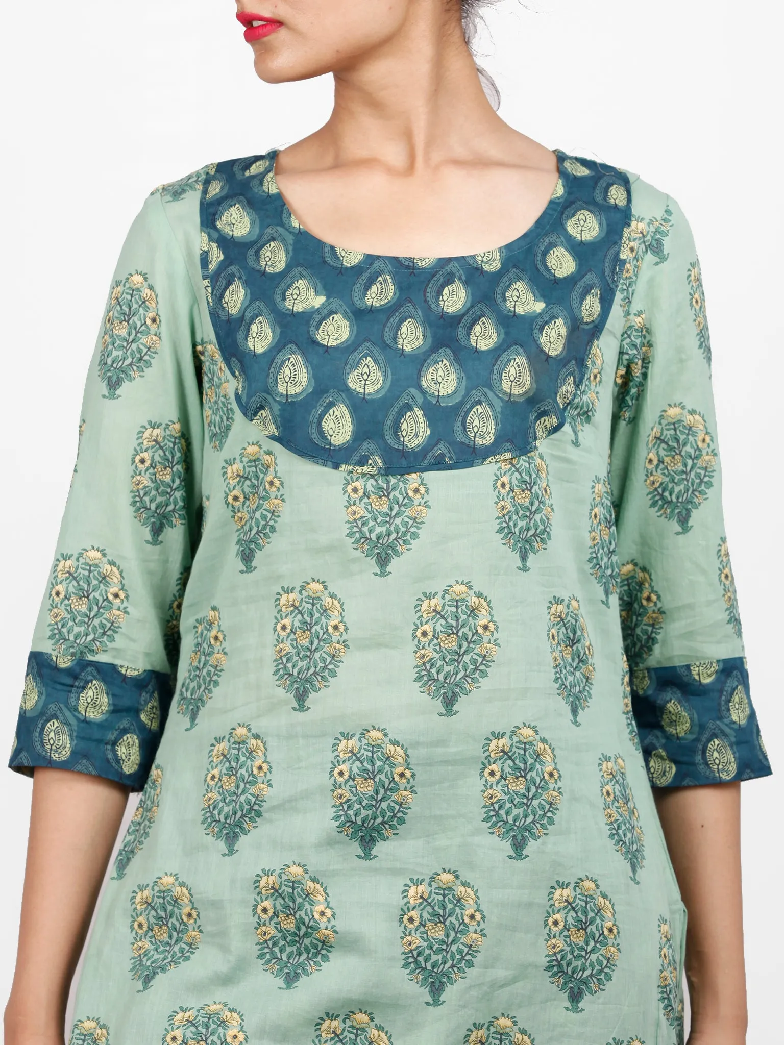 Sage & Teal Green Yellow Cotton Block Printed Kurta & Pants - Set of 2 - SS02F1864