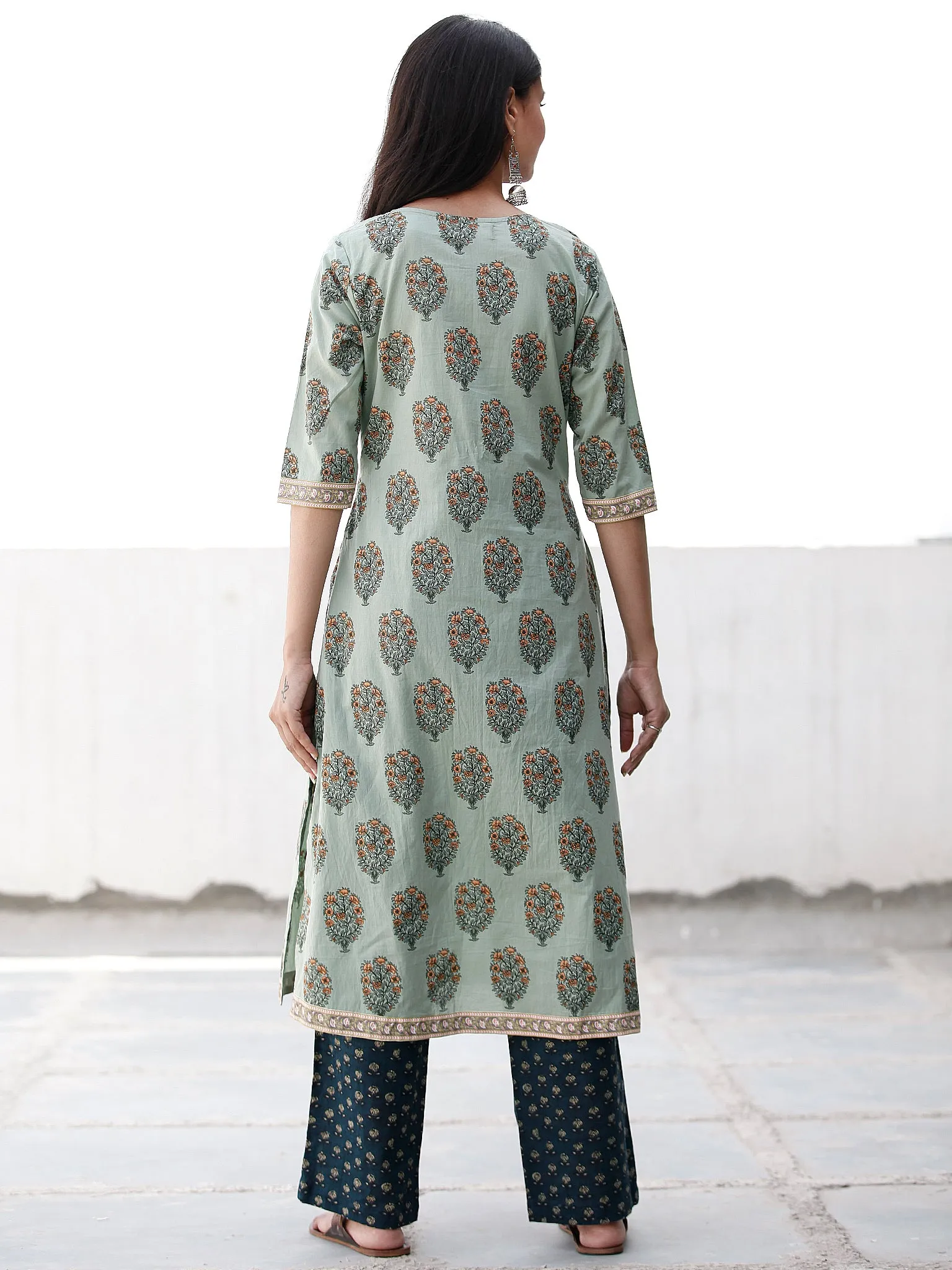 Sage & Teal Green Yellow Cotton Block Printed Kurta & Pants - Set of 2 - SS02F1864