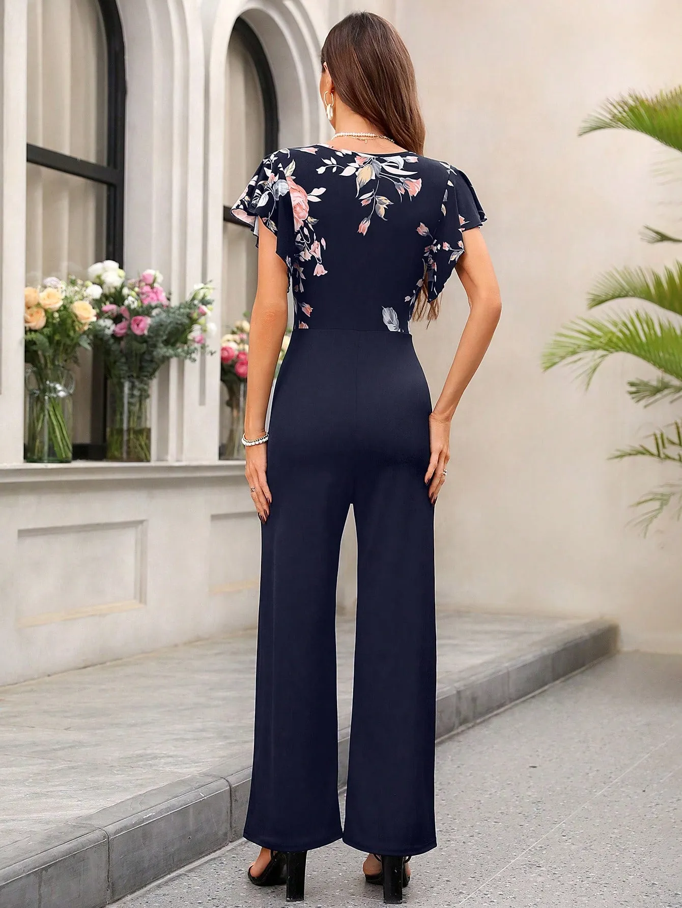 SHEIN Clasi Women's Floral Print Patchwork Flutter Sleeve Jumpsuit