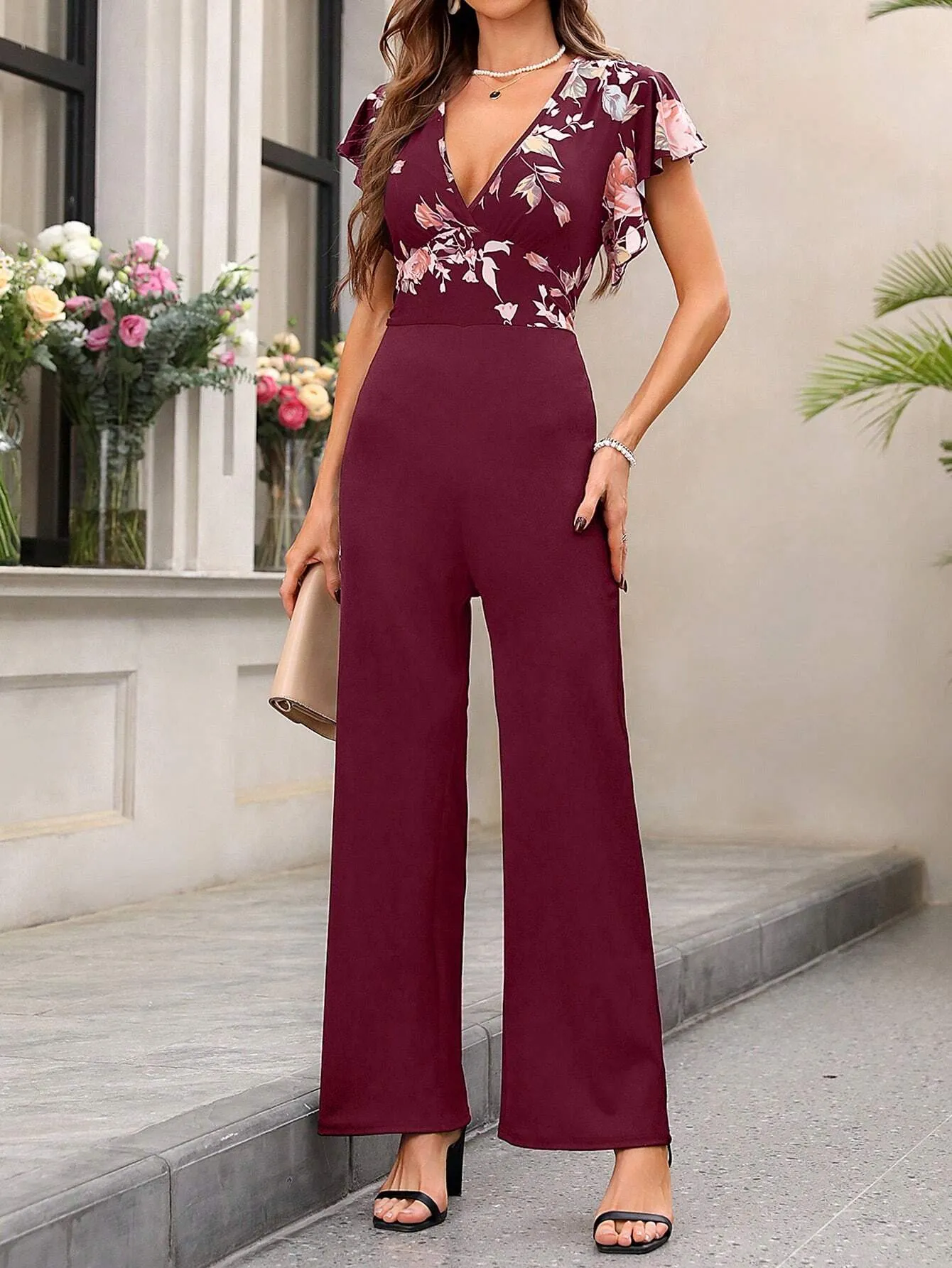 SHEIN Clasi Women's Floral Print Patchwork Flutter Sleeve Jumpsuit