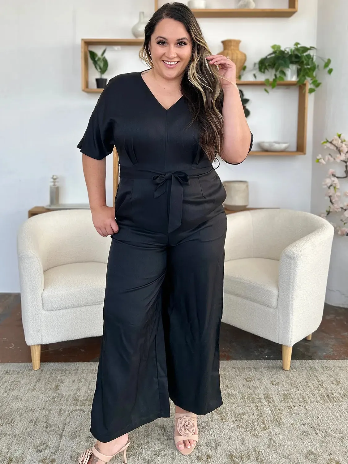 Size Inclusive V-Neck Tied Side Slit Jumpsuit