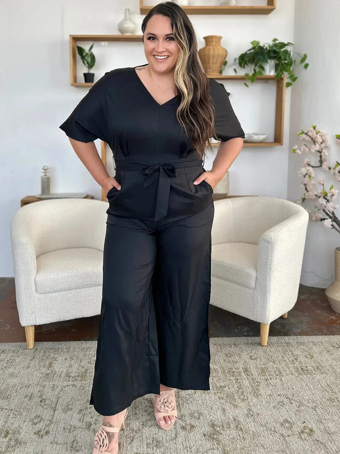 Size Inclusive V-Neck Tied Side Slit Jumpsuit