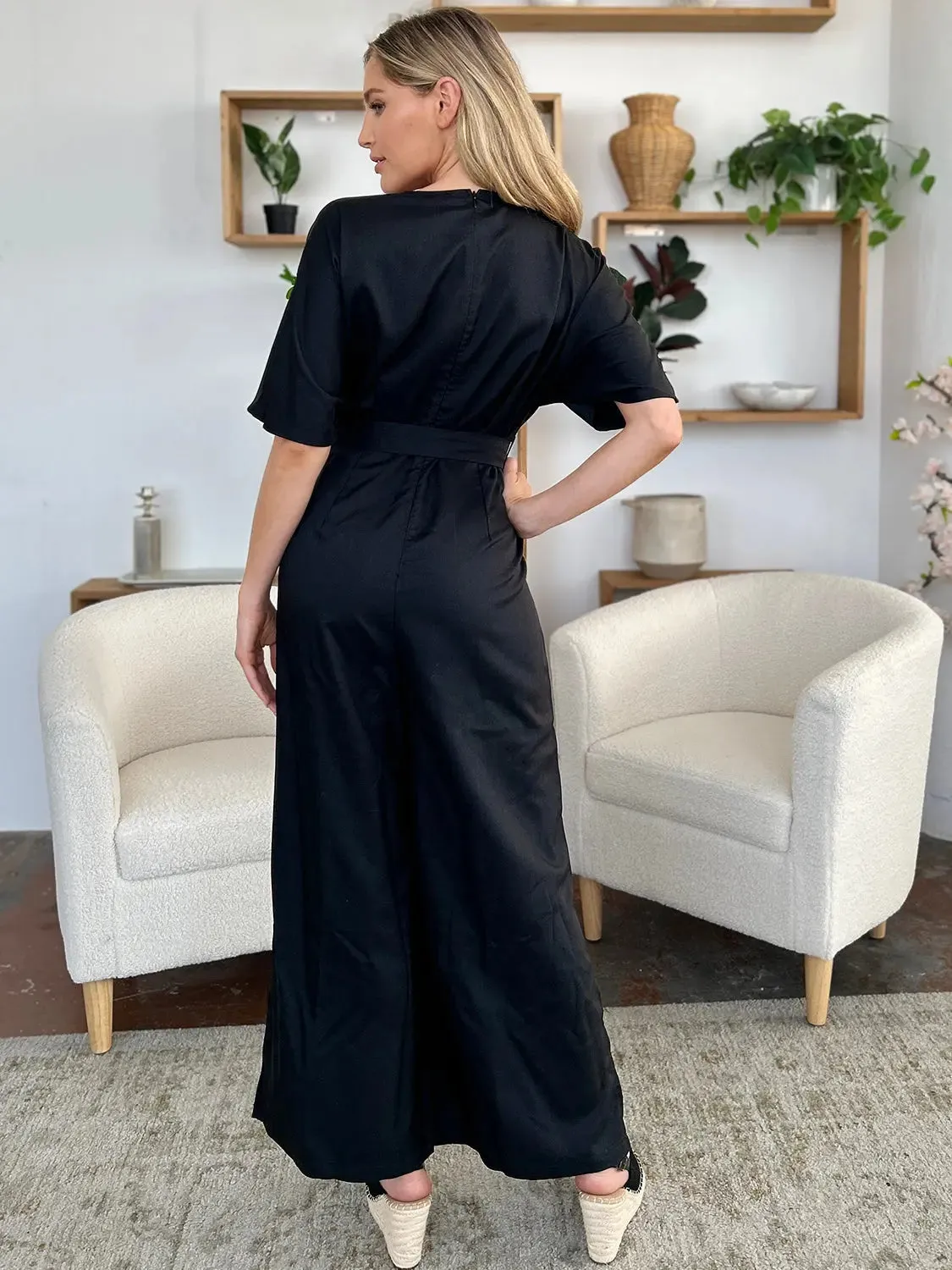 Size Inclusive V-Neck Tied Side Slit Jumpsuit