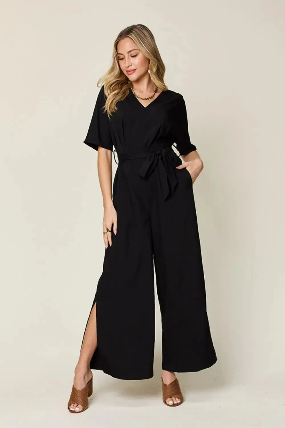 Size Inclusive V-Neck Tied Side Slit Jumpsuit