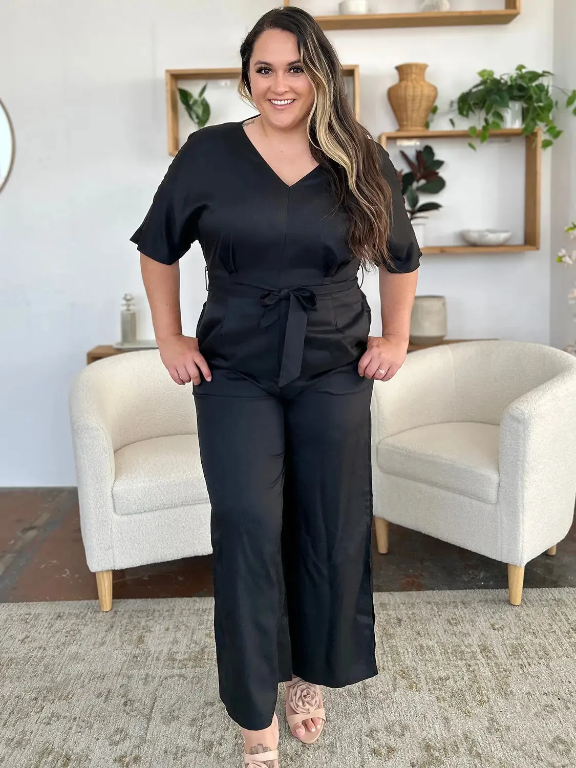 Size Inclusive V-Neck Tied Side Slit Jumpsuit