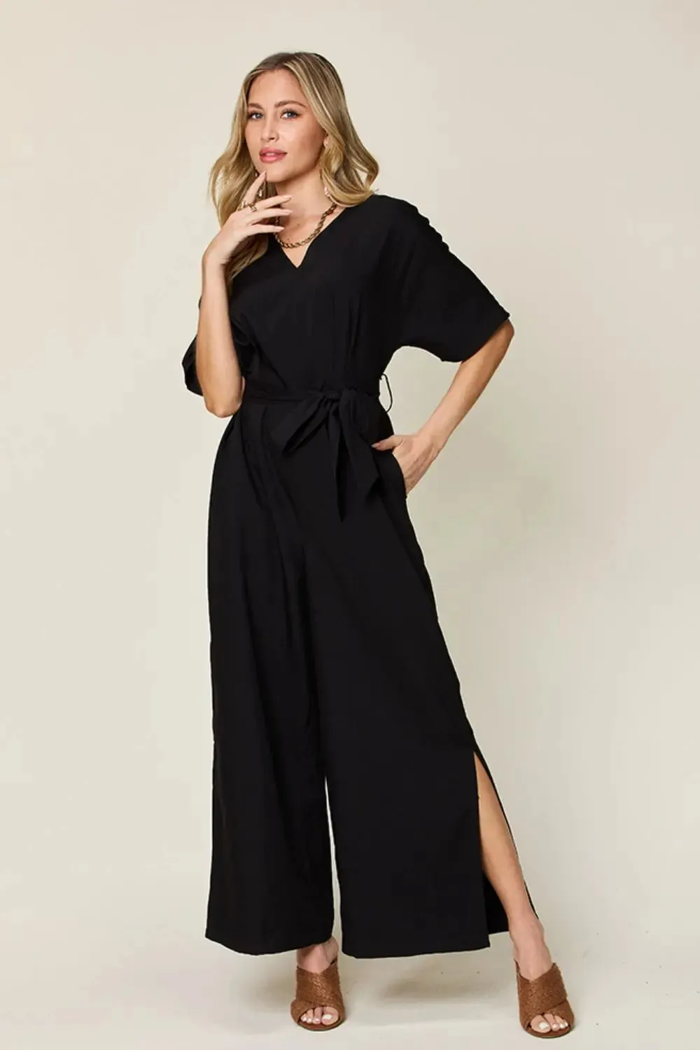 Size Inclusive V-Neck Tied Side Slit Jumpsuit