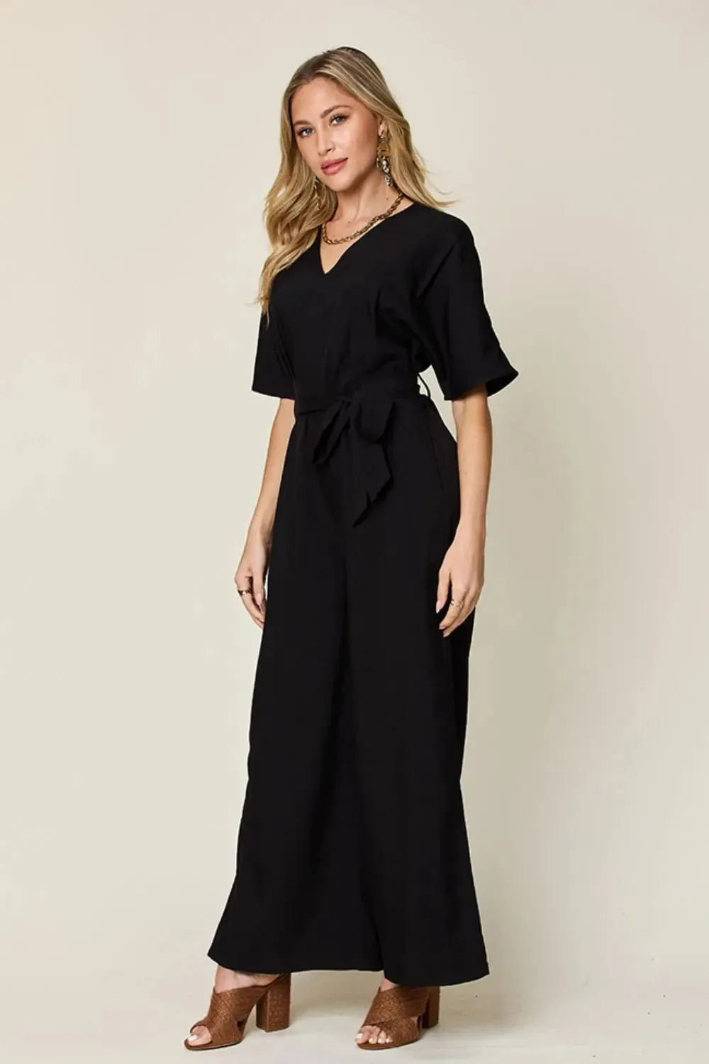 Size Inclusive V-Neck Tied Side Slit Jumpsuit