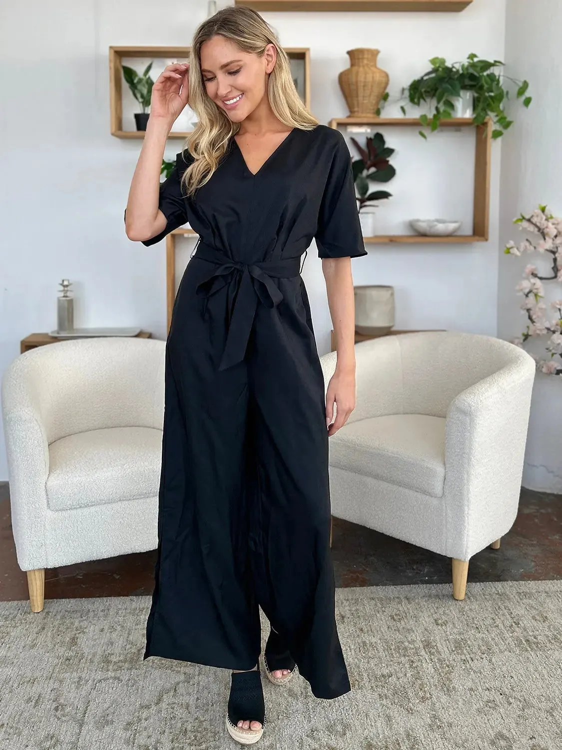 Size Inclusive V-Neck Tied Side Slit Jumpsuit