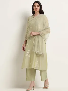 Vark Sage Floral Embroidered Cotton Blend Kurta Set