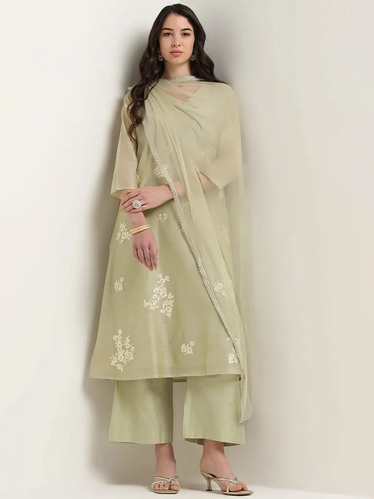 Vark Sage Floral Embroidered Cotton Blend Kurta Set
