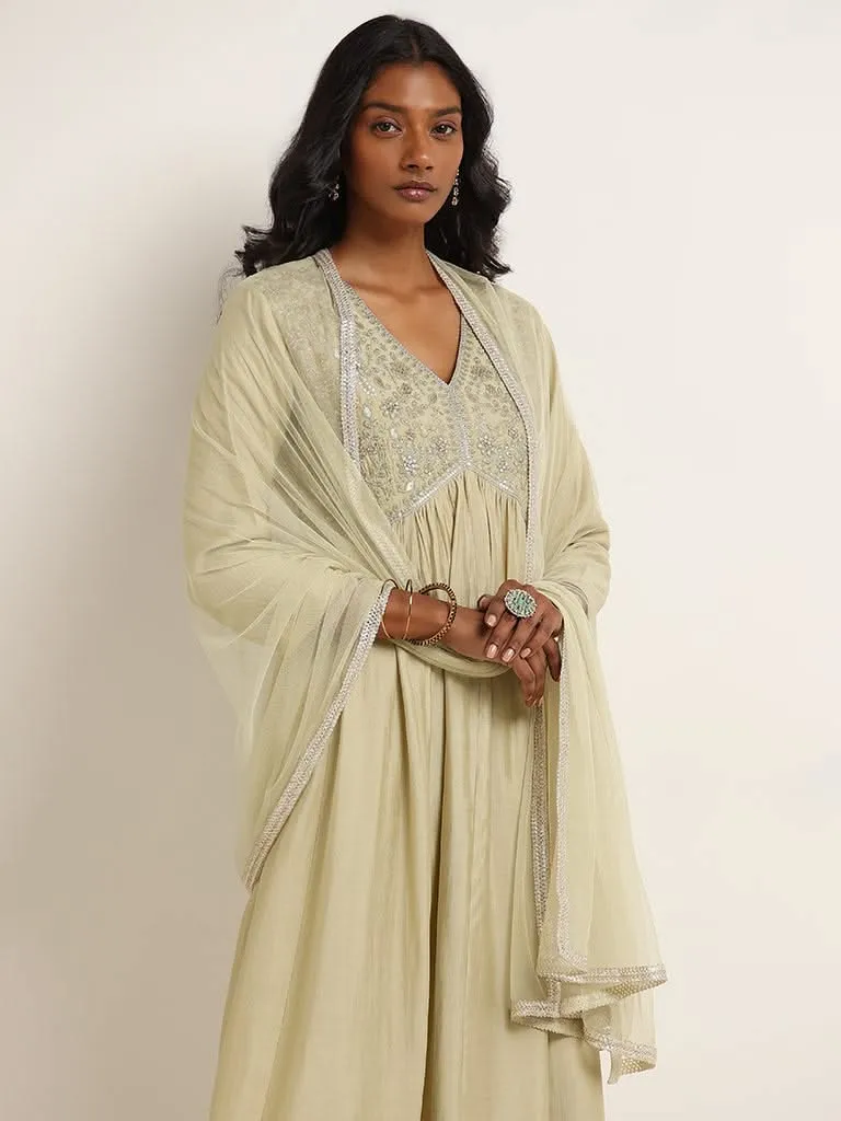 Vark Sage Floral Embroidered Kurta, Pants and Dupatta Set
