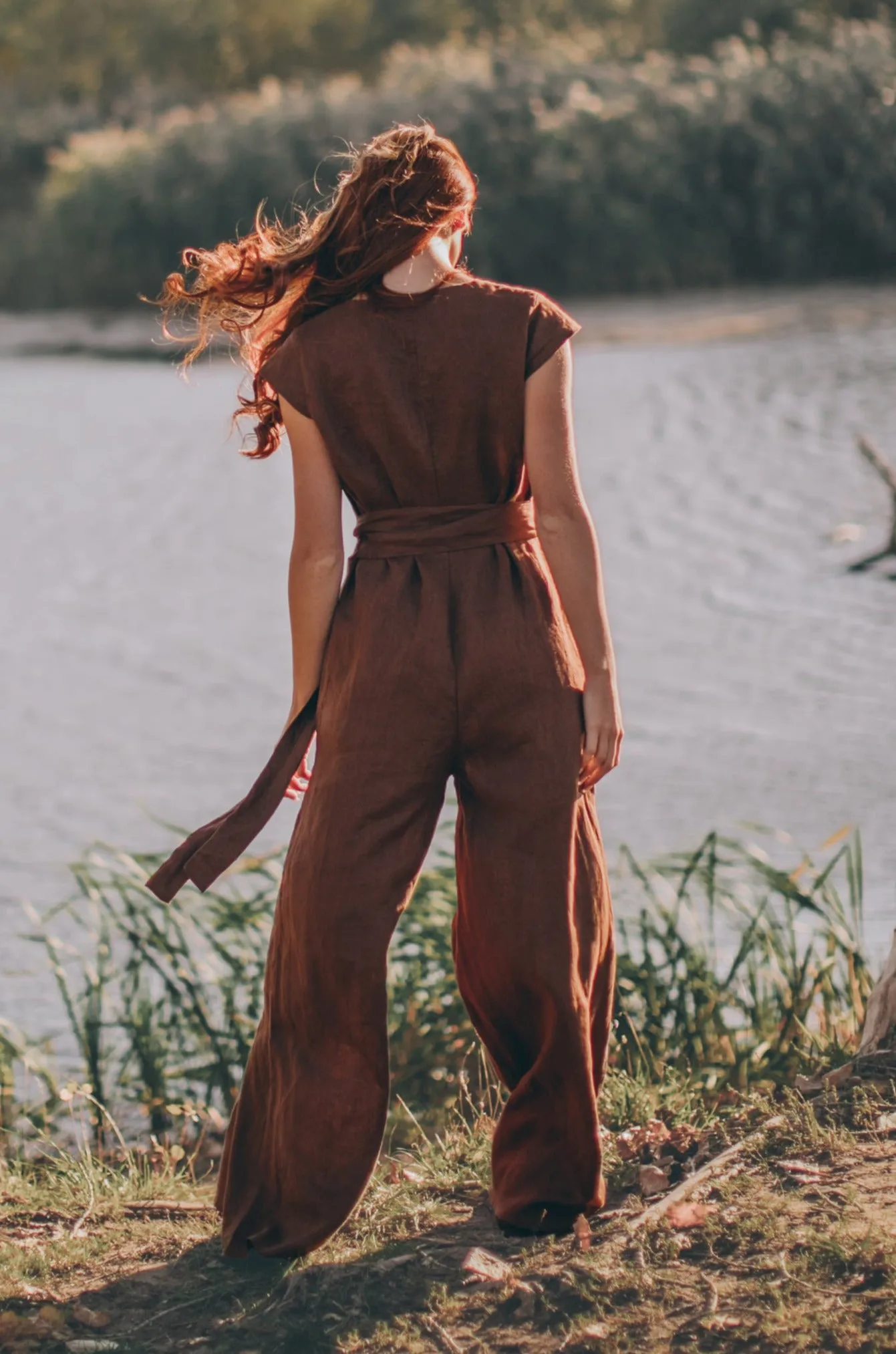 Wide Leg Linen Jumpsuit with Tie Belt