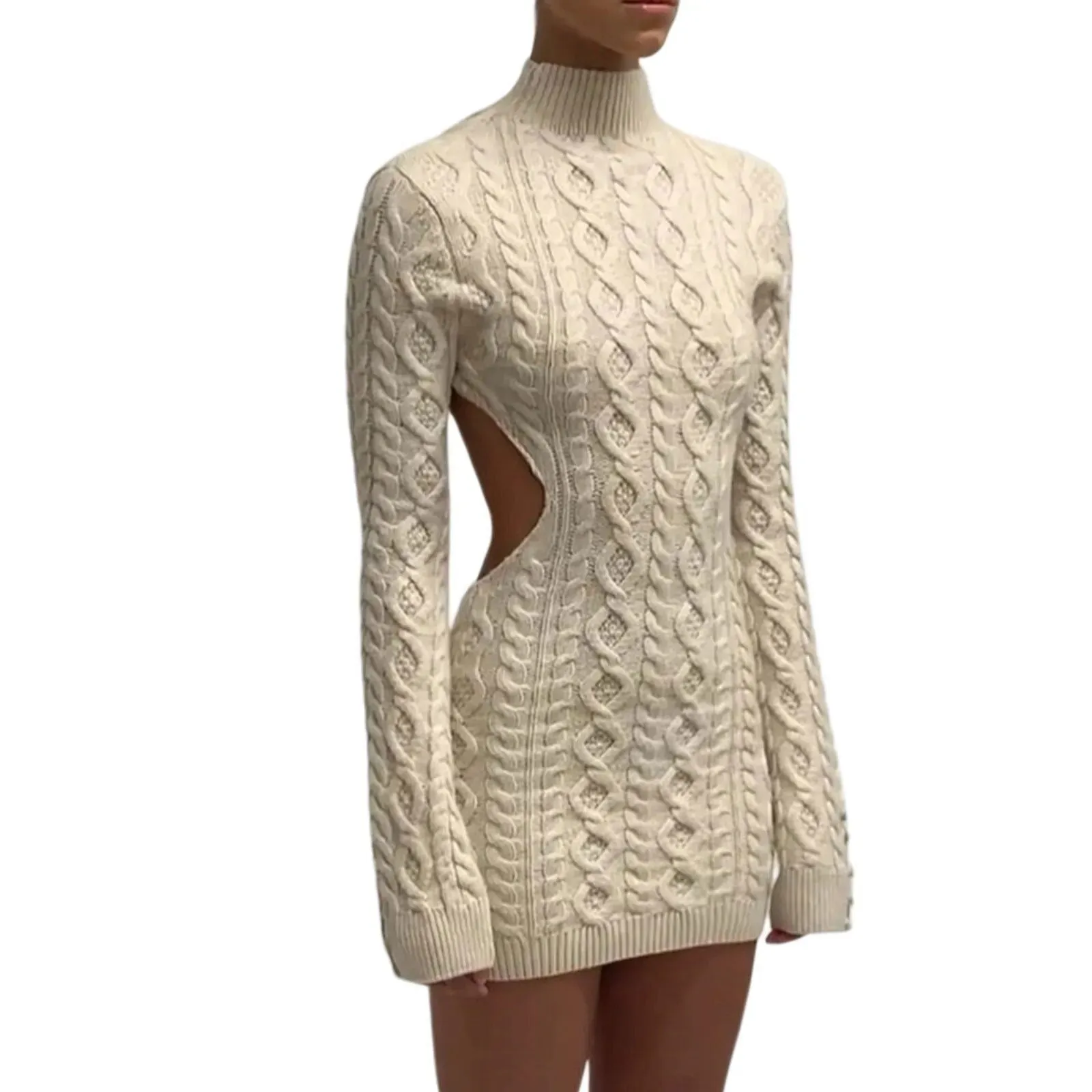 Women Close-fitting Backless Knitted Turtleneck Long Sleeve Dress*