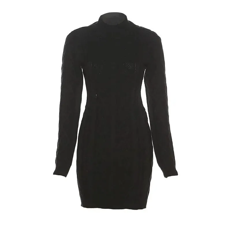 Women Close-fitting Backless Knitted Turtleneck Long Sleeve Dress*